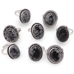 Inel reglabil cu montura argintie Obsidian fulg de nea