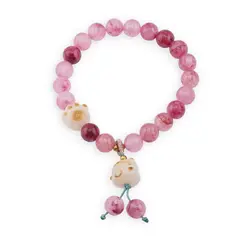 Bratara pe elastic cu Agat roz sfere 8mm si charm Maneki Neko