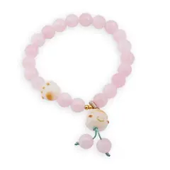 Bratara pe elastic cu Cuart roz sfere 8mm si charm Maneki Neko
