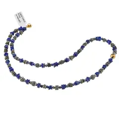 Colier Lapis Lazuli sfere si patratele 3-4mm cu Pirita patratele si sfera fatetata din Hematit auriu 6mm