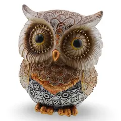 Statueta bufnita aurie cu model tribal albastru - 10cm