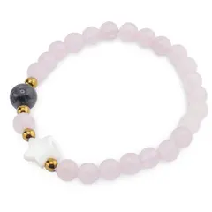 Bratara Cuart roz sfere 6mm, Larvikit 8mm si steluta din Sidef 10mm cu bumbi aurii