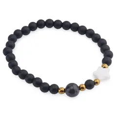 Bratara Onix negru mat sfere 6mm, Larvikit 8mm si steluta din Sidef 10mm cu bumbi aurii