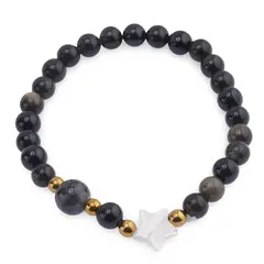 Bratara Obsidian auriu sfere 6mm, Larvikit 8mm si steluta din Sidef 10mm cu bumbi aurii