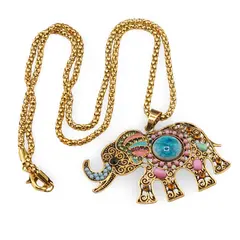 Colier Feng Shui auriu cu pandantiv Elefant colorat, 6,5cm