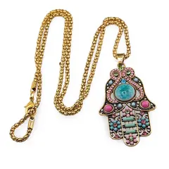 Colier Feng Shui auriu cu pandantiv Hamsa colorata, 6,5cm