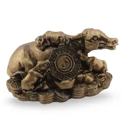 Statueta Feng Shui Bivol cu pui si Bagua din rasina, 10cm