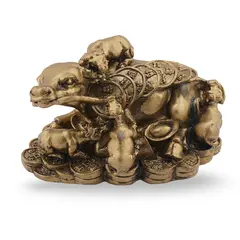 Statueta Feng Shui Bivol cu pui si monede din rasina, 10cm