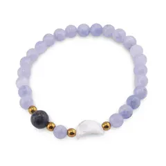 Bratara Agat bleu sfere 6mm, Larvikit 8mm si luna din Sidef 12mm cu bumbi aurii