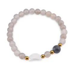 Bratara Agat gri sfere 6mm, Larvikit 8mm si luna din Sidef 12mm cu bumbi aurii
