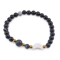 Bratara Agat negru sfere 6mm, Larvikit 8mm si luna din Sidef 12mm cu bumbi aurii