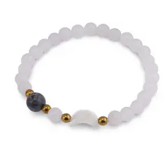 Bratara Cristal de stanca sfere 6mm, Larvikit 8mm si luna din Sidef 12mm cu bumbi aurii