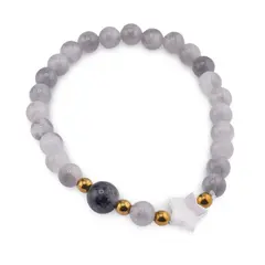 Bratara Cuart gri sfere 6mm, Larvikit 8mm si steluta din Sidef 10mm cu bumbi aurii
