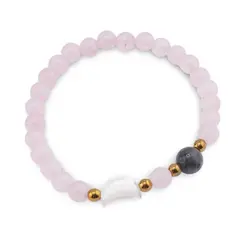 Bratara Cuart roz sfere 6mm, Larvikit 8mm si luna din Sidef 12mm cu bumbi aurii