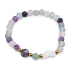 Bratara Fluorit sfere 6mm, Larvikit 8mm si luna din Sidef 12mm cu bumbi aurii