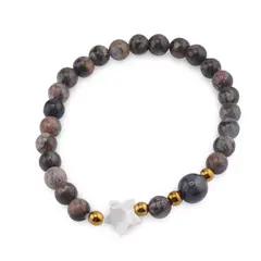 Bratara Llanit sfere 6mm, Larvikit 8mm si steluta din Sidef 10mm cu bumbi aurii