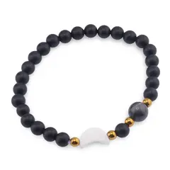 Bratara Onix mat sfere 6mm, Larvikit 8mm si luna din Sidef 12mm cu bumbi aurii