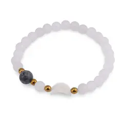 Bratara Piatra lunii sfere 6mm, Larvikit 8mm si luna din Sidef 12mm cu bumbi aurii