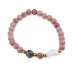 Bratara Rodonit roz sfere 6mm, Larvikit 8mm si luna din Sidef 12mm cu bumbi aurii
