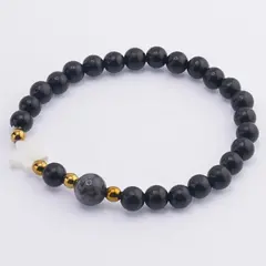 Bratara Shungit sfere 6mm, Larvikit 8mm si steluta din Sidef 10mm cu bumbi aurii