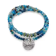 Bratara tripla ajustabila cu pietre semipretioase, Agat albastru sfere 4mm cu charm floare de lotus si zirconiu verde
