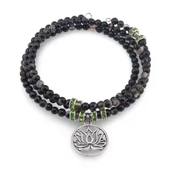 Bratara tripla ajustabila cu pietre semipretioase, Agat negru sfere 4mm cu charm floare de lotus si zirconiu verde