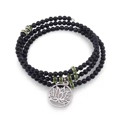 Bratara tripla ajustabila cu pietre semipretioase, Goldstone albastru sfere 4mm cu charm floare delotus si zirconiu verde