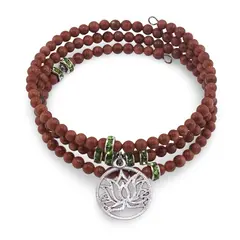 Bratara tripla ajustabila cu pietre semipretioase, Goldstone sfere 4mm cu charm floare de lotus si zirconiu verde