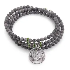 Bratara tripla ajustabila cu pietre semipretioase, Jasp earth sfere 4mm cu charm floare de lotus si zirconiu verde