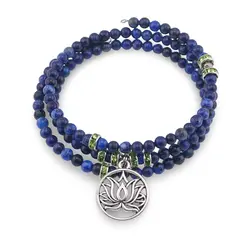 Bratara tripla ajustabila cu pietre semipretioase, Lapis lazuli sfere 4mm cu charm floare de lotus si elemente cu zirconiu verde