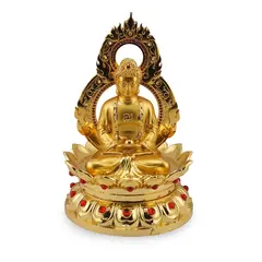 Statueta Feng Shui Buddha pe floare de lotus din metal auriu, 12,5cm