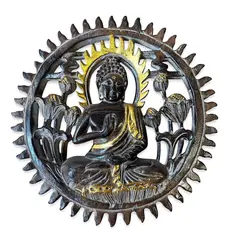 Decoratiune din lemn Buddha sculptat cu accente aurii