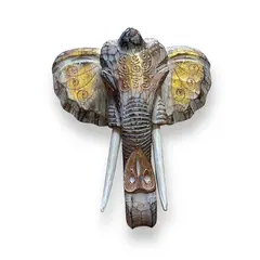 Decoratiune din lemn cap de elefant alb cu accente aurii