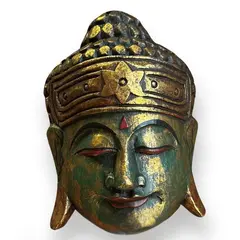 Decoratiune din lemn Capul lui Buddha cu accente aurii