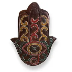 Decoratiune din lemn Hamsa cu model ochi protector colorat