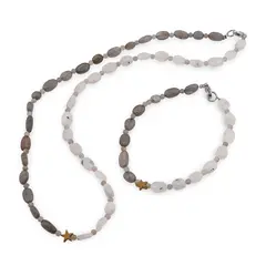 Set colier si bratara Piatra lunii si Labradorit neuniform 7-10mm, Labradorit sfere 3mm si steluta din Hematit auriu