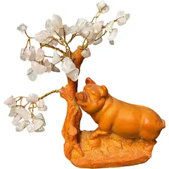 Copac cu pietre de cuart roz si statueta porc