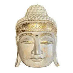 Decoratiune din lemn Capul lui Buddha, alb cu auriu