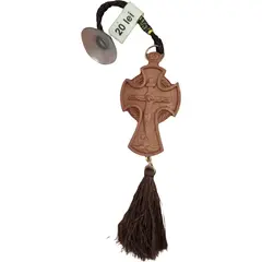 Accesoriu pentru geam cu cruce din lemn maro si ciucure