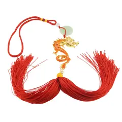 Amuleta breloc Feng Shui Dragon portocaliu model 2 cu pietre semipretioase si ciucure rosu
