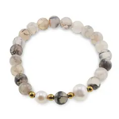 Bratara pe elastic Perle de cultura, bumbi aurii si Agat dragon veins gri sfere 8mm