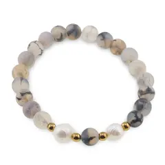 Bratara pe elastic Perle de cultura, bumbi aurii si Agat dragon veins gri sfere mate 8mm