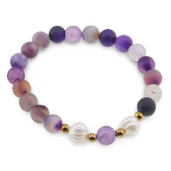 Bratara pe elastic Perle de cultura, bumbi aurii si Agat mov dantelat sfere mate 8mm