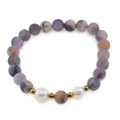 Bratara pe elastic Perle de cultura, bumbi aurii si Agat mov mat sfere 8mm