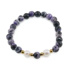 Bratara pe elastic Perle de cultura, bumbi aurii si Agat mov patat sfere fatetate 8mm