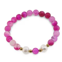 Bratara pe elastic Perle de cultura, bumbi aurii si Agat roz mat sfere 8mm