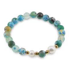 Bratara pe elastic Perle de cultura, bumbi aurii si Agat verde patat sfere fatetate 8mm