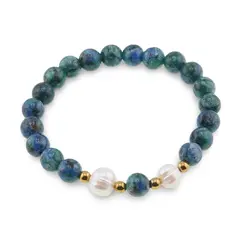 Bratara pe elastic Perle de cultura, bumbi aurii si Azurit sfere 8mm