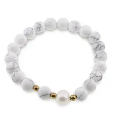Bratara pe elastic Perle de cultura, bumbi aurii si Howlit sfere mate 8mm