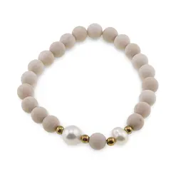 Bratara pe elastic Perle de cultura, bumbi aurii si Jasp fosilic sfere 8mm